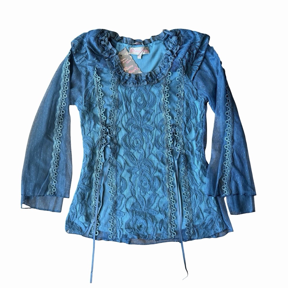 NWT Pretty Angel Lace Fairycore Tunic Top Teal Blue S•Embroidery Mesh Coquette